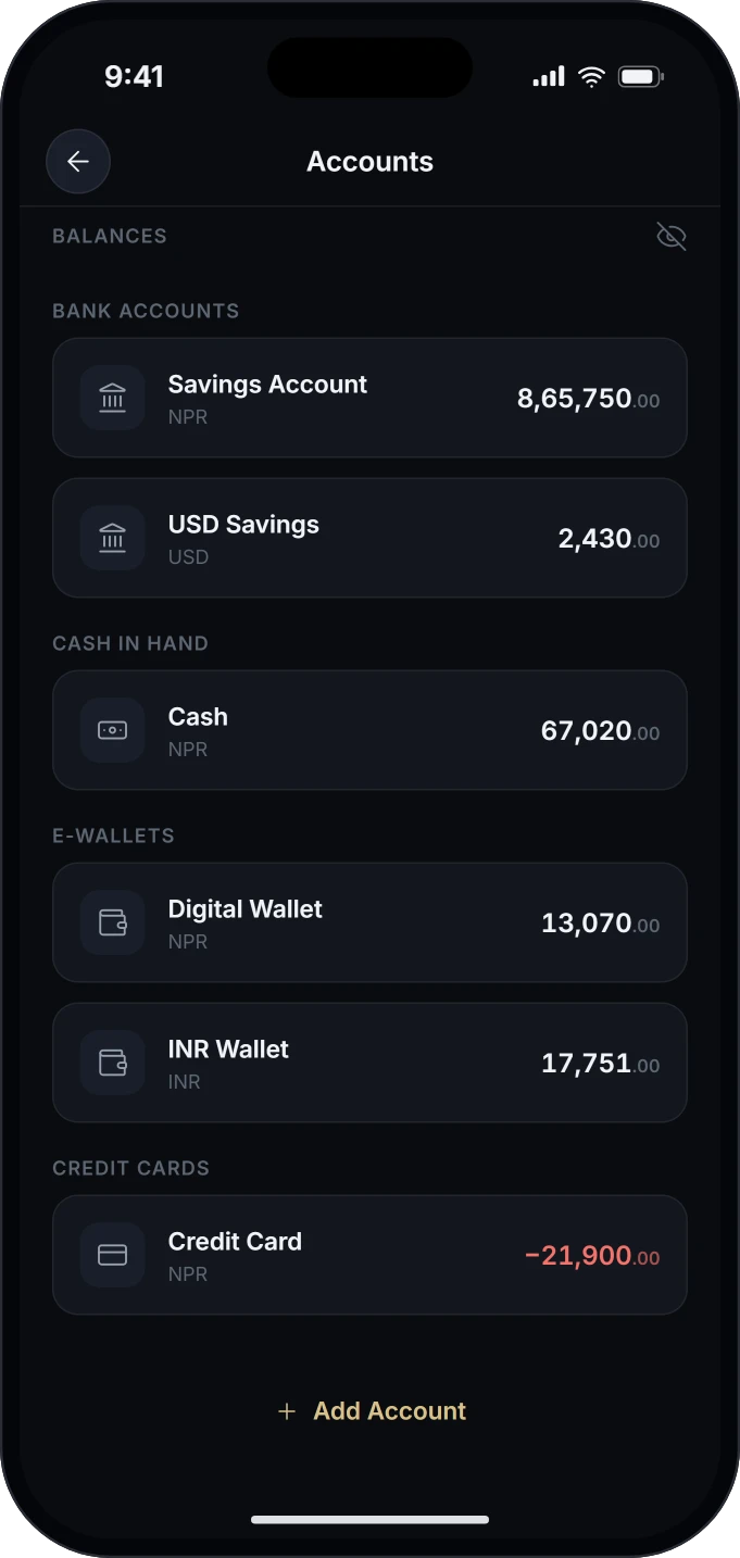 Accounts screen in the dark theme