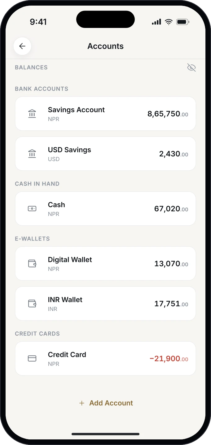 Accounts screen in the light theme, listing NPR, USD and INR accounts